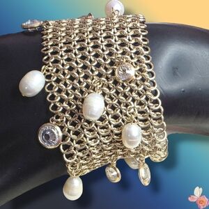 Vintage Gold Tone Mesh Bridal Evening Bracelet Freshwater Pearls Crystals